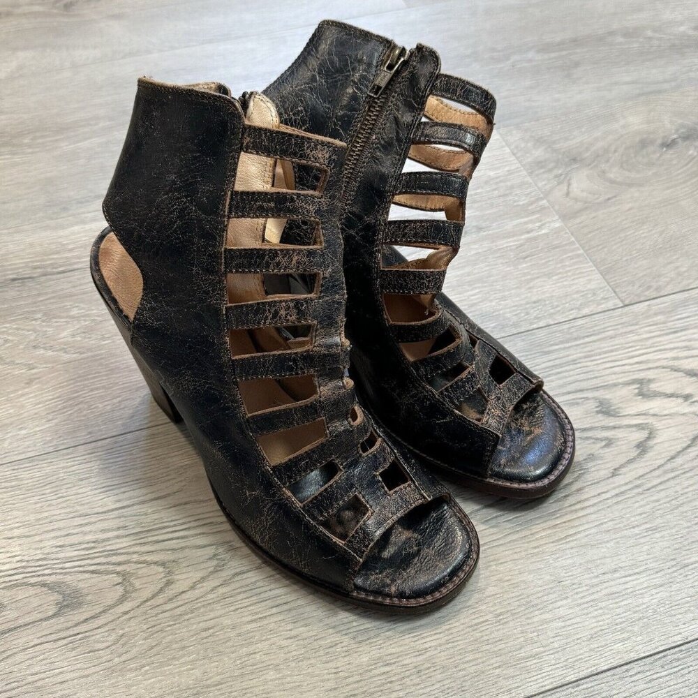 Bed Stu Occam Caged Block Heel Sandals Size 9 Dark Brown 100% Leather‎